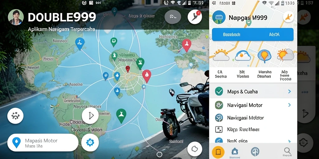 Antarmuka aplikasi DOUBLE999 yang menampilkan rute navigasi motor.