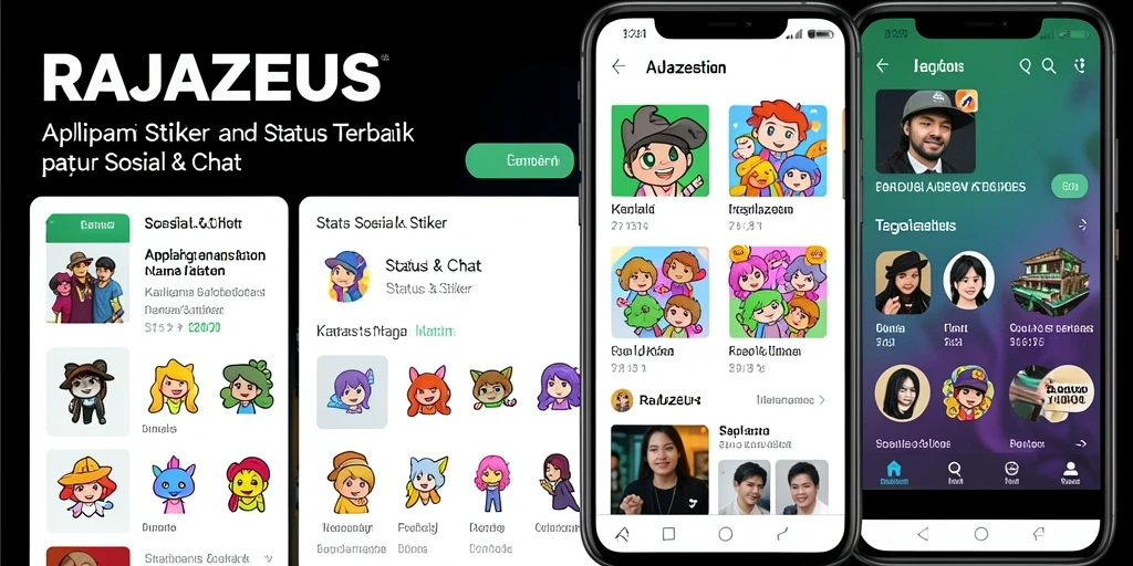 Antarmuka RAJAZEUS dengan berbagai pilihan stiker dan status.