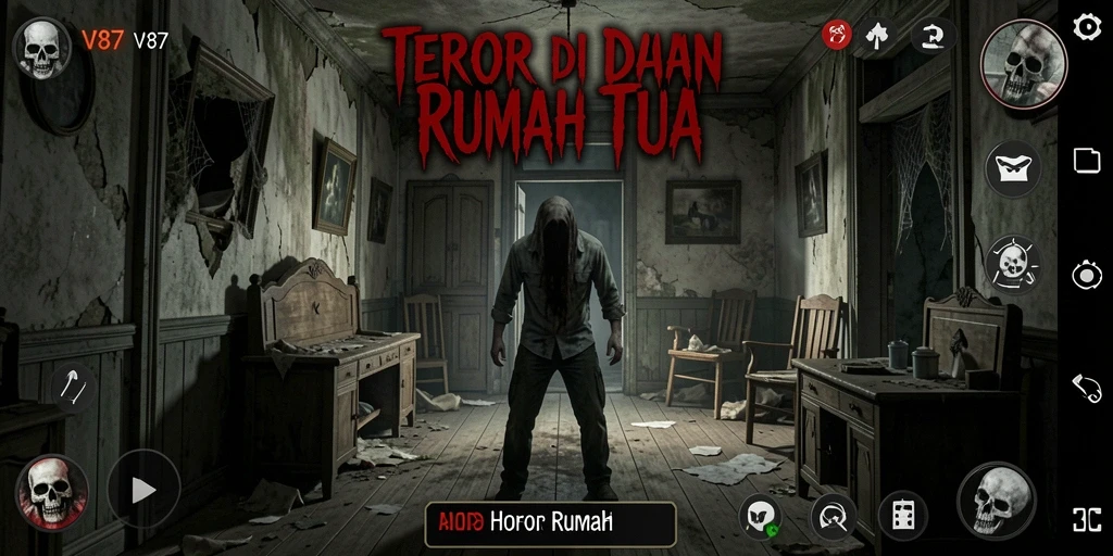 Screenshot V87 menampilkan suasana menyeramkan di dalam rumah tua.
