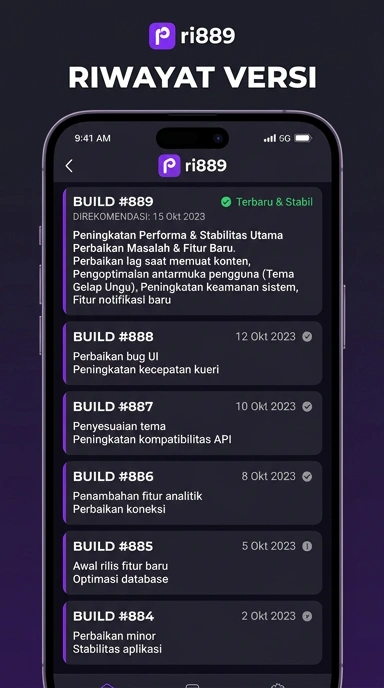 Halaman Riwayat Versi Aplikasi ri889 untuk Android
